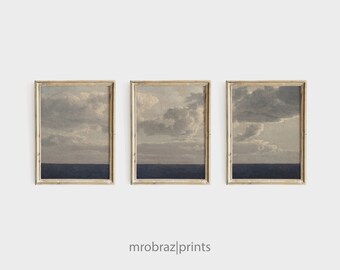 Vintage Seascape Triptych Print Set of 3 Oil Paintings | French Farmhouse Decor | 3 Piece Panel Printable Wall Art