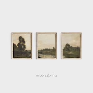 Vintage Triptych Landscape Print Set of 3 Oil Paintings, French Farmhouse Decor, 3 Piece Panel Wall Art