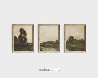 Vintage Triptych Landscape Print Set of 3 Oil Paintings, French Farmhouse Decor, 3 Piece Panel Wall Art