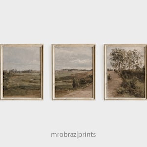 Vintage Triptych Landscape Print Set of 3 Oil Paintings, French Farmhouse Decor, 3 Piece Panel Wall Art