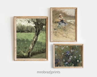 Vintage Gallery Wall Art Set of 3 Oil English Cottage Paintings, Farmhouse Decor Print, Printable Wall Art