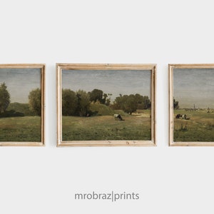 Vintage Triptych Landscape Print Set of 3 Oil Paintings, French Farmhouse Decor, 3 Piece Panel Wall Art