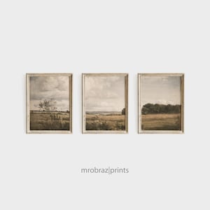 Vintage Triptych Landscape Print Set of 3 Oil Paintings, French Farmhouse Decor, 3 Piece Panel Wall Art