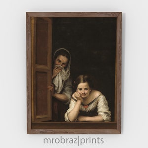May include: A painting of two women looking out a window. The woman on the left is wearing a white scarf and a brown dress. The woman on the right is wearing a white dress and has her hand on her chin. The painting is framed in a brown wooden frame.