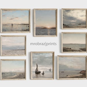 Vintage Coastal Gallery Wall Art Set of 8 Oil Paintings, Seascape Paintings, Printable Beach Wall Art Prints