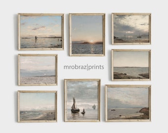 Vintage Coastal Gallery Wall Art Set de 8 pinturas al óleo, pinturas de paisajes marinos, impresiones de arte de pared de playa imprimibles