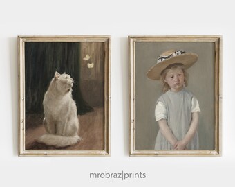 Set of Two Printable Vintage Nursery Oil Paintings | Cat and Young Girl in a Hat | Girl Bedroom Decor