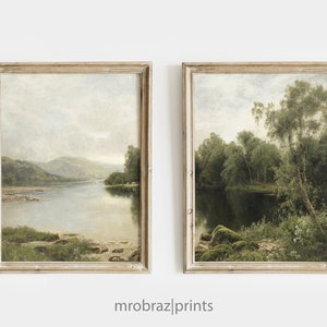 Moody lake painting with grazing cows, Vintage green landscape art prints set of 2 printable