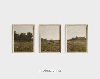 Vintage Triptych Landscape Print Set of 3 Oil Paintings, French Farmhouse Decor, 3 Piece Panel Wall Art