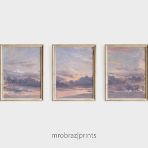 Vintage Cloud Triptych Print Set of 3 Oil Paintings, French Nursery 3 Piece Panel Printable Wall Art