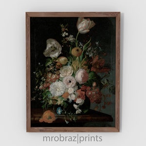 Dark Flower Painting Vintage Art Print, Still Life Farmhouse Decor, Printable Wall Art