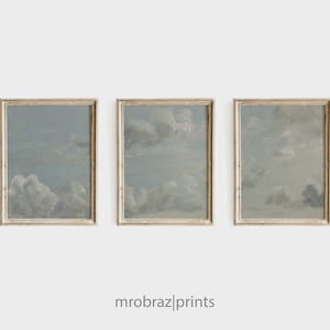Vintage Cloud Triptych Print Set of 3 Oil Paintings, French Nursery 3 Piece Panel Printable Wall Art