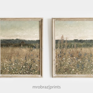 Vintage Cottage Landscape Painting Set of 2 | Farmhouse Kitchen Decor | Split Print | Printable 2 Panel Wall Art