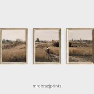 Vintage Triptych Landscape Print Set of 3 Oil Paintings, French Farmhouse Decor, 3 Piece Panel Wall Art
