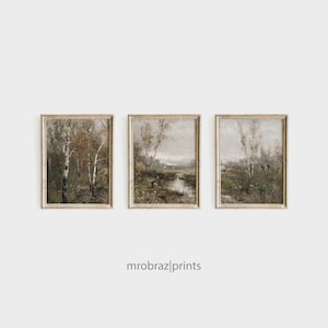Vintage Triptych Landscape Print Set of 3 Oil Paintings, French Farmhouse Decor, 3 Piece Panel Wall Art