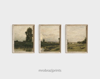 Vintage Triptych Landscape Print Set of 3 Oil Paintings, French Farmhouse Decor, 3 Piece Panel Wall Art