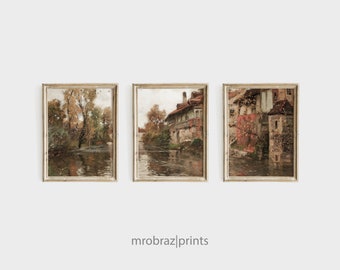 Vintage Autumn Triptych Landscape Print Set of 3 Oil Paintings, French Farmhouse Decor, 3 Piece Panel Wall Art