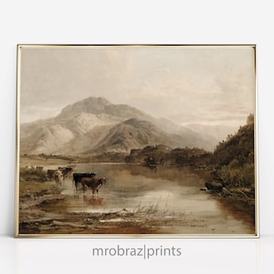 Vintage lake landscape painting with cows | Printable art print
