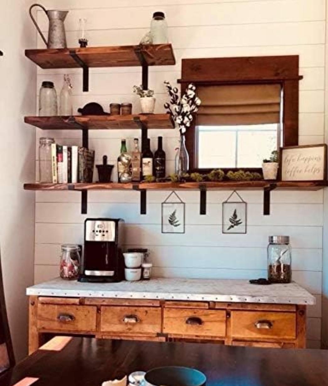 Farmhouse floating shelves. Rustic Z bracket shelves. Rustic Kitchen. Flat bar decor. Industrial. Man cave. Farmhouse decor. Farmhouse style