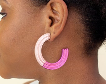 Pink Statement Acrylic Earrings, Large Hoop Earrings, Cool Handmade Maximalist Jewelry