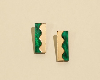 Handmade Green Gold Earrings, Minimalist Statement Drop Studs, Bold Artistic Modern Fashion Accessory, Modern Acrylic Everyday Jewelry