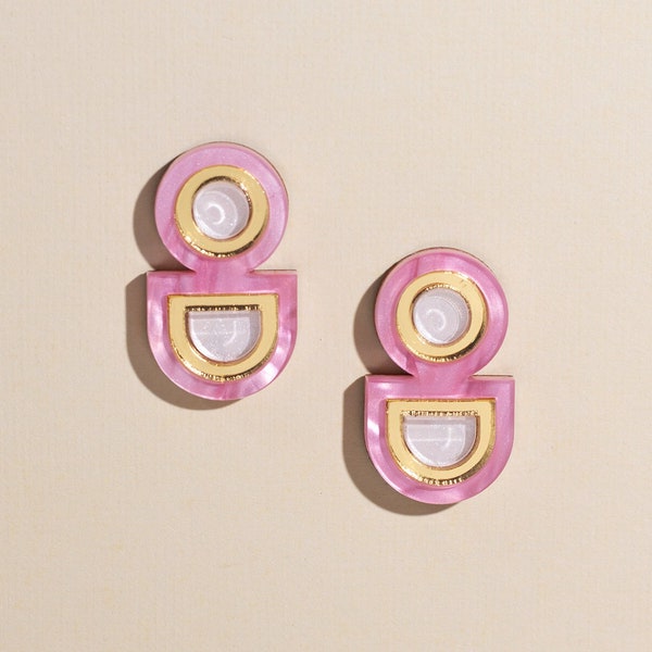 Pink Statement earrings, Geometric Acrylic Homemade Jewelry, Quirky Indie Summer Fashion Studs, Modern Contemporary gift for her