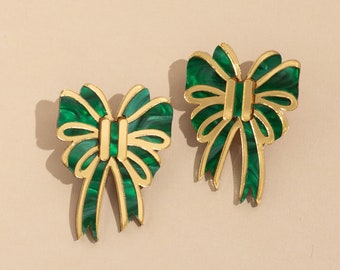 Green and Gold Coquette bow earrings - Handmade quirky earrings