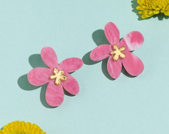 Pink Unique Flower Statement Earrings, Colorful Maximalist Jewelry, Spring Cool Earrings