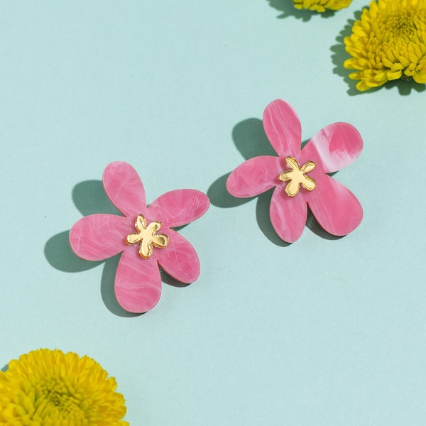 Pink Unique Flower Statement Earrings, Colorful Maximalist Jewelry, Spring Cool Earrings