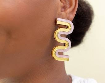 Vea Mini // Bold Squiggle Statement Earrings - Blush and Gold