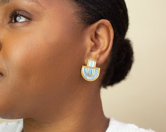 Minimalist Acrylic Stud Earrings, Geometric Wood Backed Jewelry