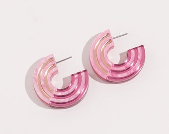 Acrylic Pink Hoop Earrings, Handmade Colorful fun, lightweight statement jewelry