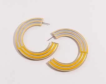 Yellow & Gold Large Hoop Earrings, Interesting Fun Teacher Earrings, Lightweight Handmade Ethnic Jewelry