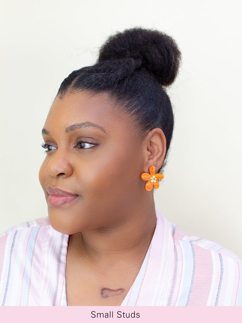 Orange Daisy Earrings, Acrylic Statement Homemade Jewelry, Flower cottagecore earrings image 3