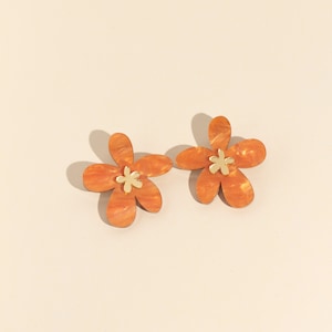 Orange Daisy Earrings, Acrylic Statement Homemade Jewelry, Flower cottagecore earrings image 1