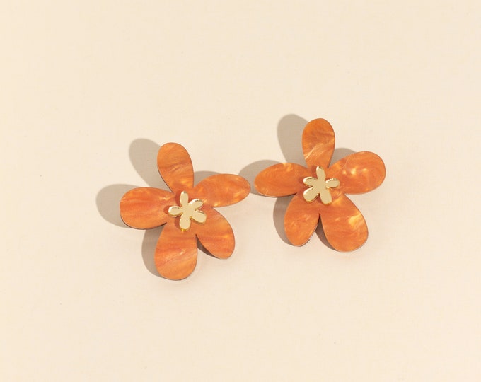 Orange Daisy Earrings, Acrylic Statement Homemade Jewelry, Flower cottagecore earrings