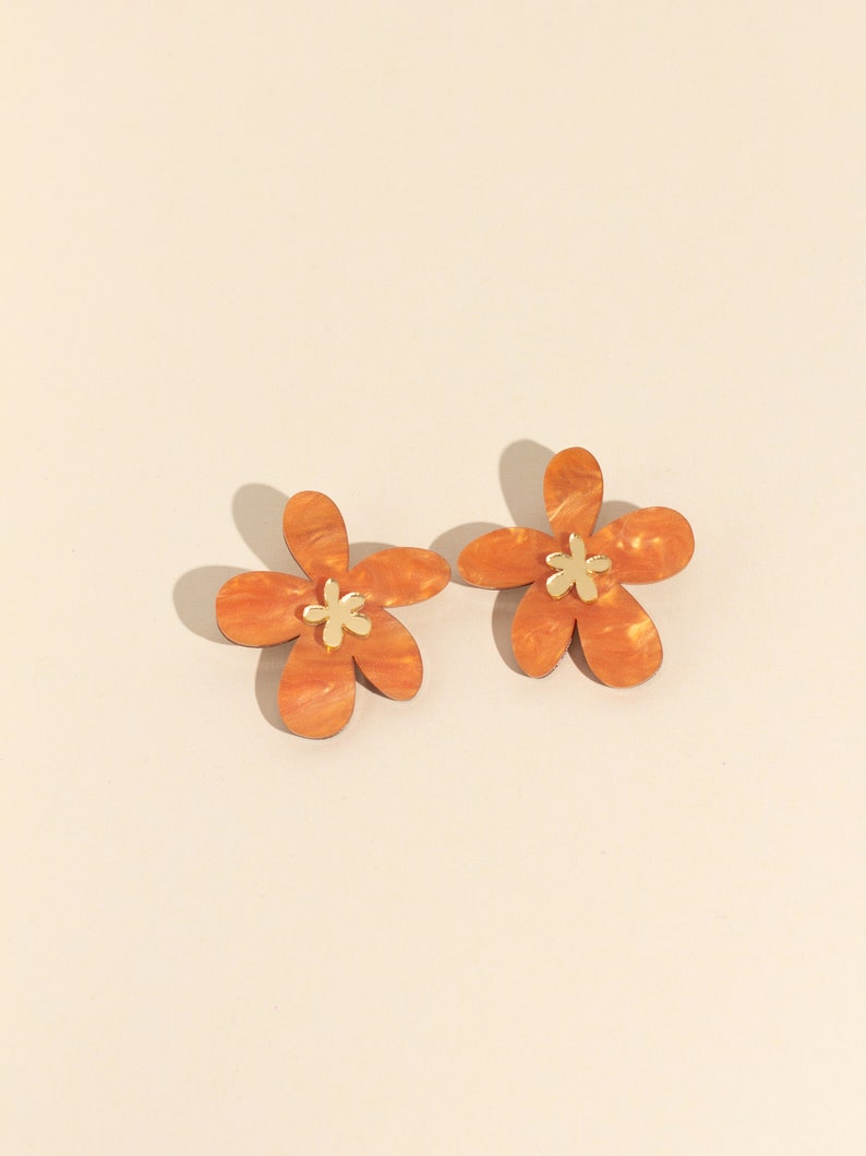 Orange Daisy Earrings, Acrylic Statement Homemade Jewelry, Flower cottagecore earrings image 1