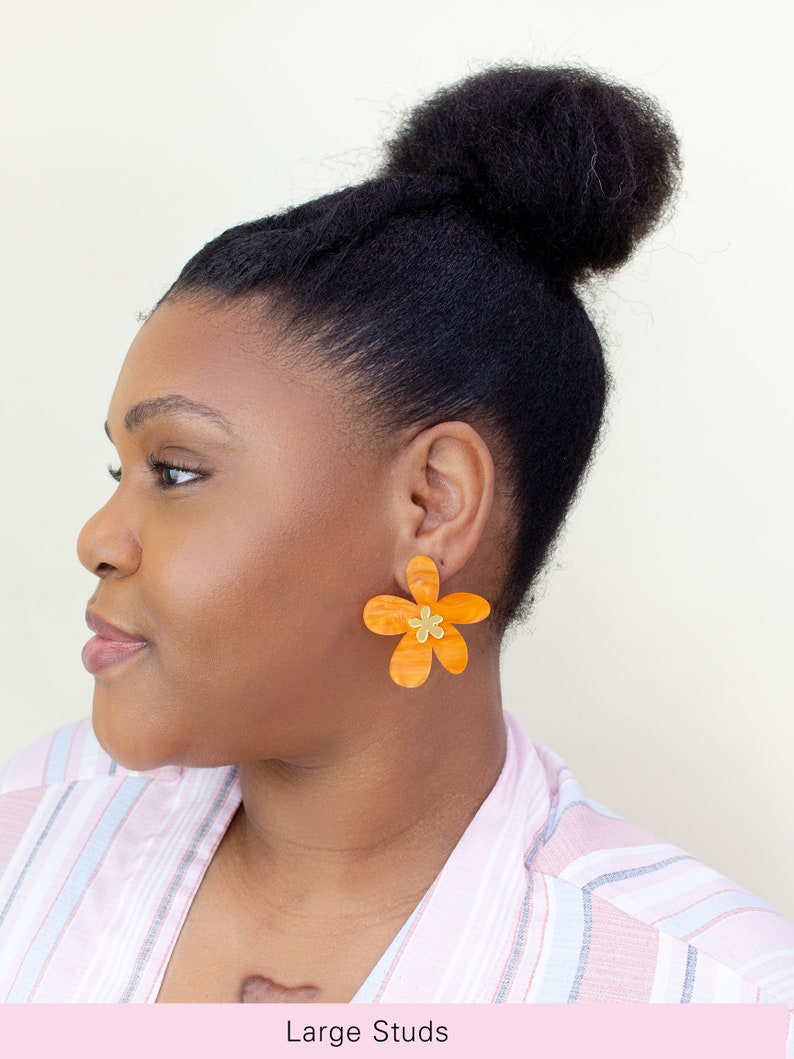 Orange Daisy Earrings, Acrylic Statement Homemade Jewelry, Flower cottagecore earrings Large - 2 inches