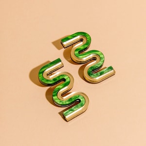 Vea Mini // Bold Squiggle Statement Earrings Green and Gold image 1