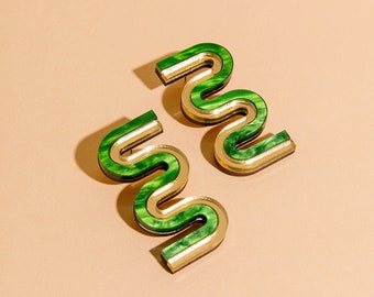 Vea Mini // Bold Squiggle Statement Earrings - Green and Gold