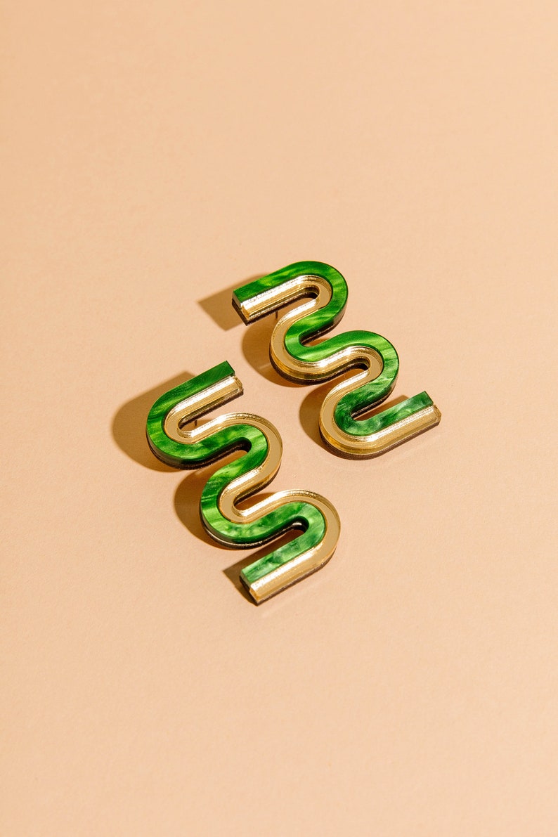 Vea Mini // Bold Squiggle Statement Earrings Green and Gold image 1