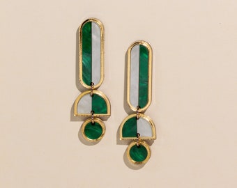 Green Geometric Earrings, Modern Cool Evening Wedding Jewelry