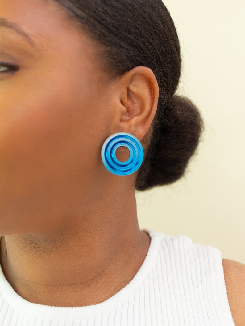 Blue Cute Colorful Acrylic Fun Stud Earrings, Handmade Quirky Statement Jewelry image 2