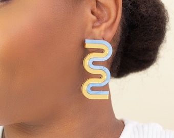 Blue & Gold Statement Earrings, Handmade Bold Unique Acrylic Squiggle Wavy Jewelry