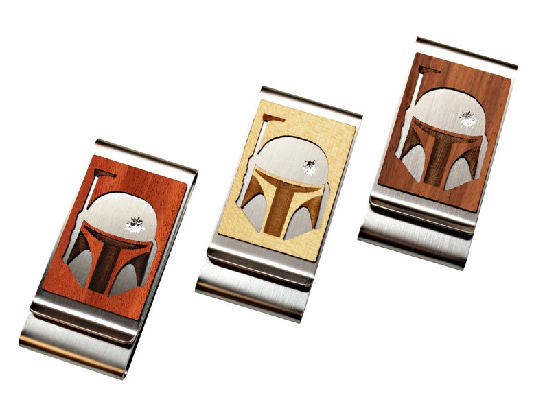 Boba Fett Bounty hunter Mandalorian helmet Star Wars gift him Star Wars business card holder Star Wars money clip Money clip wallet