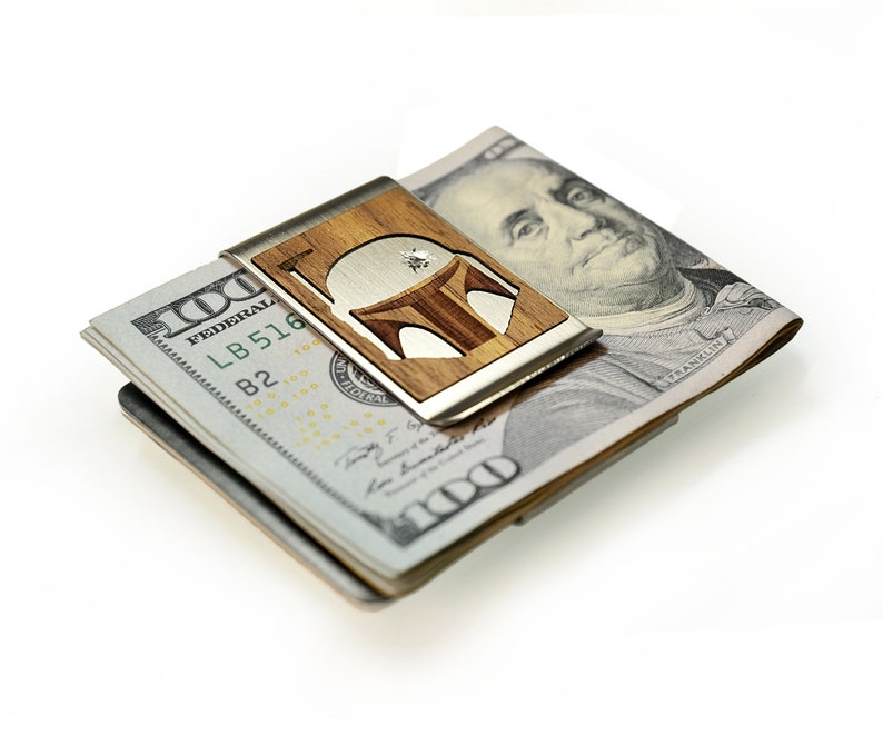 Boba Fett Bounty hunter Mandalorian helmet Star Wars gift him Star Wars business card holder Star Wars money clip Money clip wallet