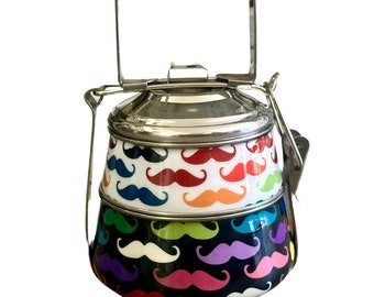Deidaa Steel Tiffin - Two Tiered Bento Box - Tradies' Lunch Box with Moustache Print - Detachable Bowls with Lids