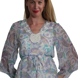 Paisley Print Kaftan -   Sheer Summer  Boho Tunic - Crochet Yoke Kaftan