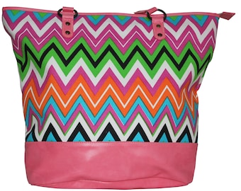 Canvas Beach Bag - Colourful Chevron Tote - Cruelty free Vegan Tote - Large Shopping Bag for Her