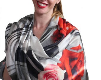 Printed Silk Scarf Women - Floral Silk Shawl - Womens Fashion Wrap - Gift for Mum - Grandmother Gift
